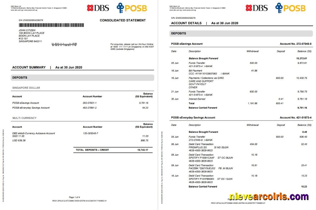 Singapore DBS bank proof of address statement in Word and PDF format, 4 pages